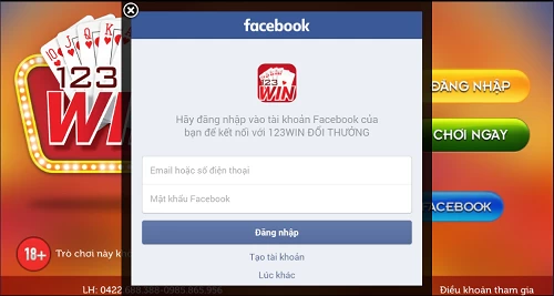Đăng nhập vào game bài 123 win bằng tài khoản facebook